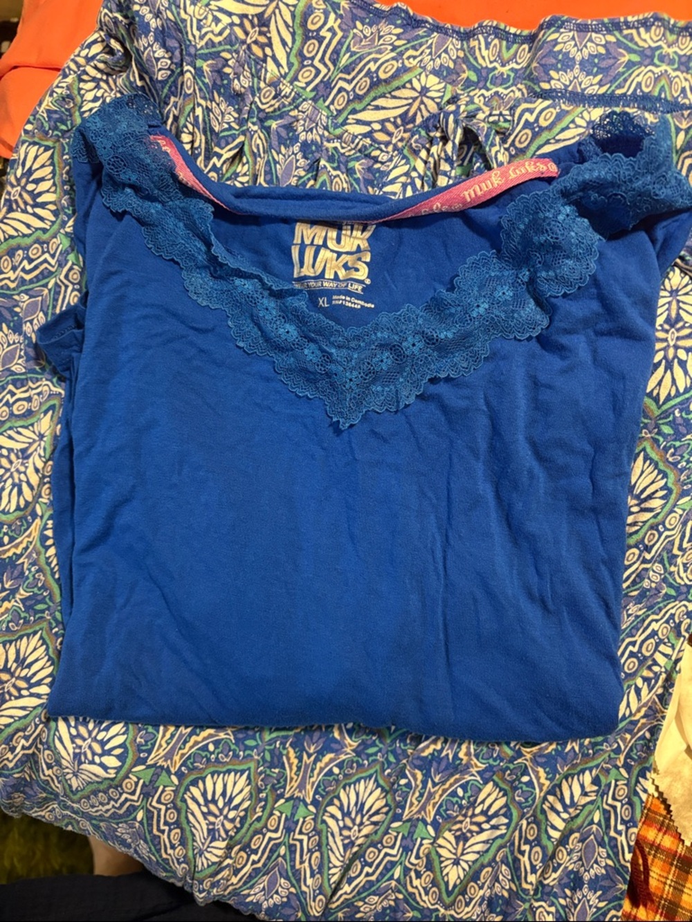 MUK LUKS Women's Blue Lace-Trim Sleep aL/S top with printed bottoms XL